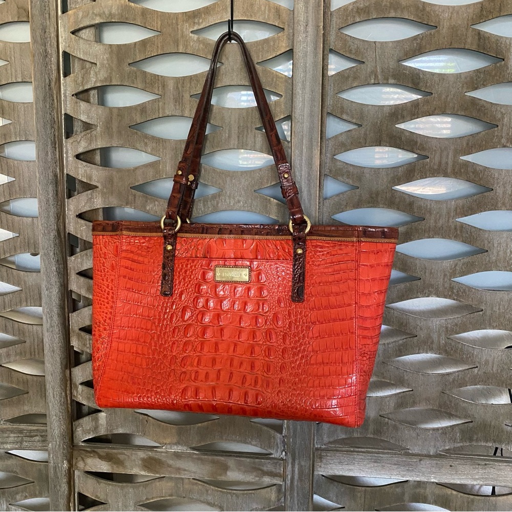 Brahmin Orange and Brown Leather Tote with Crocodile Texture